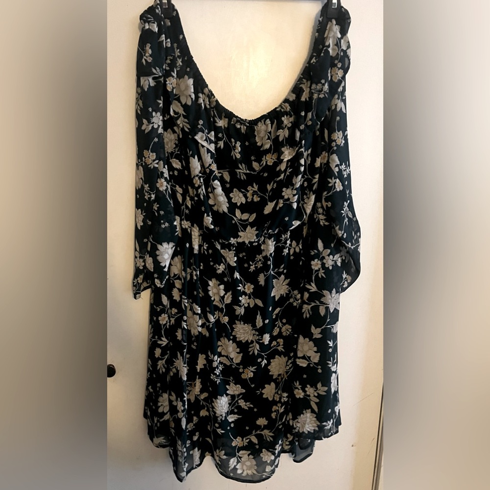 Beautiful Forest Green Off Shoulder Floral Dress with Sheer Elbow Length Sleeves